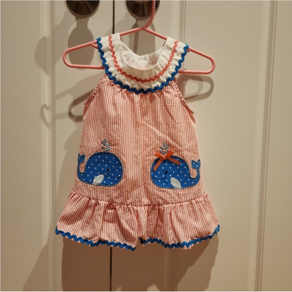 Nannette Pink/White Seersucker Whale Dress
